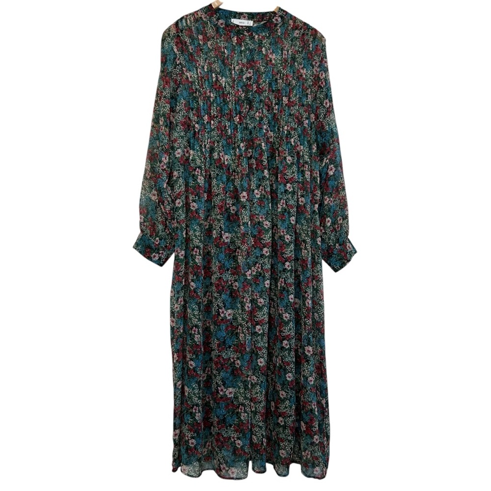 Mng Mango Aire Floral Midi Dress Multicolor Long Sleeve Chemise Lining Size 8